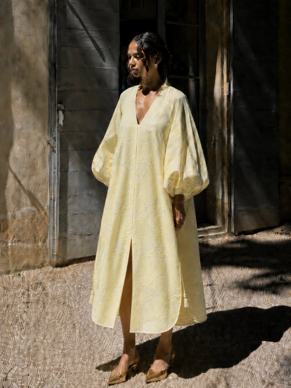 Yuliya Magdych Yellow Caftan Embroidered Roses Muslin Dress Caftan